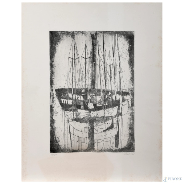 Enrico Paulucci, Vele in porto, acquaforte, es. 22/90, cm 56x44, firmato in basso a destra