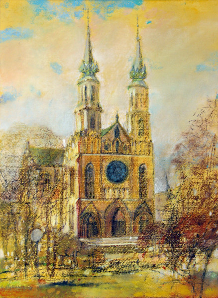 Anna Ksykiewicz (XX sec.) Veduta di cattedrale, pastelli su carta, cm 40x30