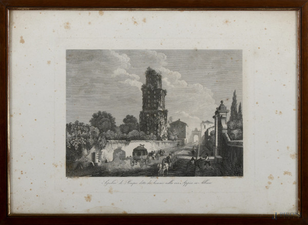 Lotto di 23 stampe raffiguranti luoghi di Roma e albano, XIX secolo, misure massime cm 52x67, entro cornice, (difetti)