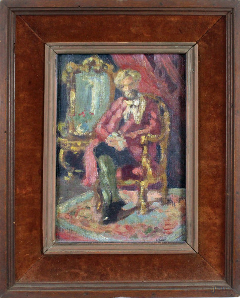 Ritratto di gentiluomo seduto, olio su tela, cm. 20x14, inizi XX secolo, entro cornice.