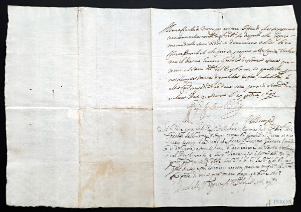 Antico raro manoscritto del 1693, vergato a penna d’oca e inchiostro di galla su carta vergellata e filigranata