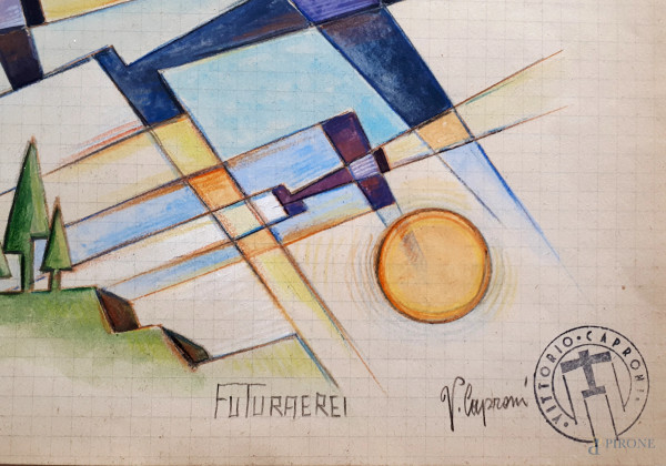 Vittorio Caproni (XX sec.) Aeropittura, tecnica mista su carta a quadretti, cm 15x20, firma timbr...