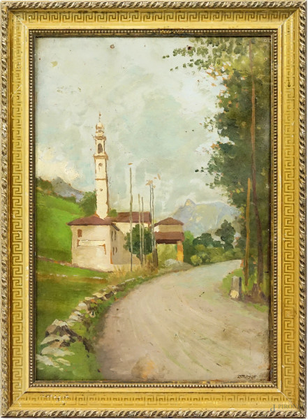 Chiesa degli Appestati, olio su compensato, cm 44,5x30,5, datato, entro cornice.