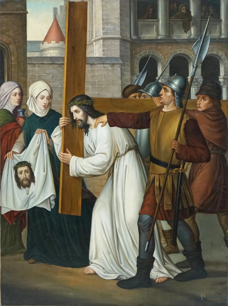 Pittore Nord-europeo del XIX secolo, Stazione della Via Crucis, olio su tela, cm 84x63