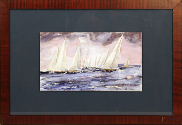 Cinzia Lucantoni, Vele al vento, acquarello su cartoncino, 38x22 cm, entro cornice