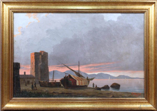 Scorcio di costa al tramonto, olio su tela, cm. 45x69, firmato entro cornice.