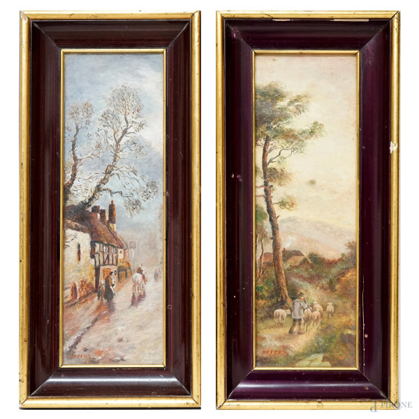 Coppia di paesaggi con figure, olio su tela, cm 39x13, firmati, entro cornici.