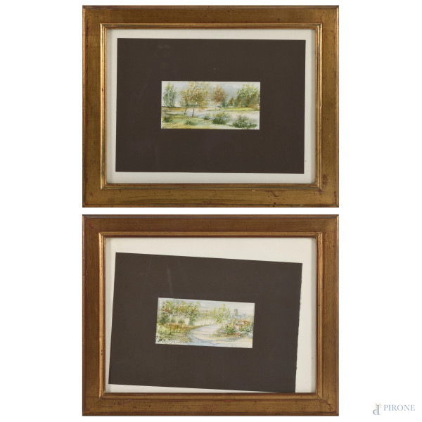 Coppia di scorci di paesaggio, XX secolo, acquerello su carta, cm 9x18, firmati in basso a destra, entro cornice