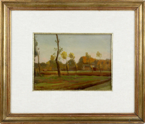 Paesaggio con casolare, olio su cartone, cm. 18x24,5, firmato, entro cornice.
