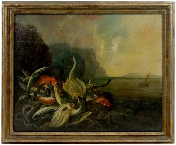 Pittore del XVIII secolo, Natura morta con pesci, triglie e rombo, olio su tela, cm 75x95, entro cornice, (difetti).