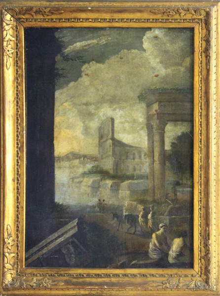 Capriccio architettonico con figure,olio su tela, 80 x 59 cm, XVIII°sec, entro cornice