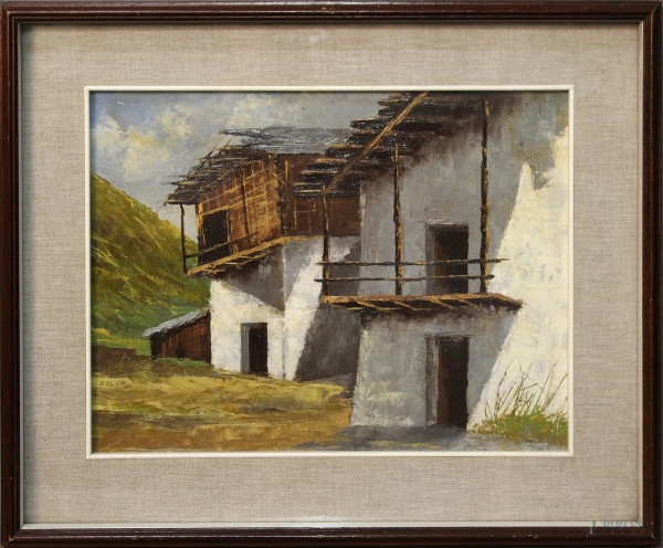 Lotto di due paesaggi raffiguranti esterno di casa e lago ad olio su tavola 28x39 cm, entro cornici firmati.