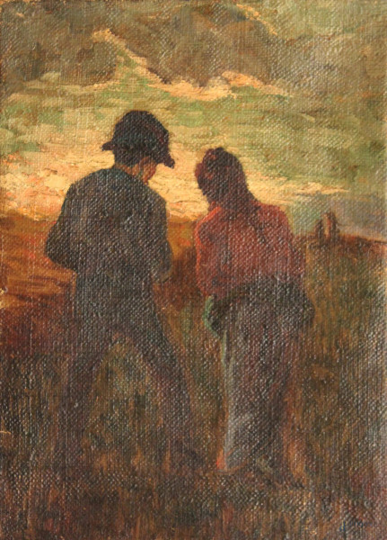 Paesaggio con fanciulli, olio su tela, cm 71x51.