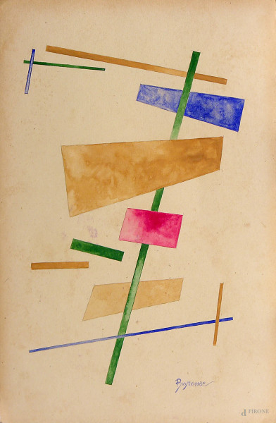 Artista russo del Novecento, composizione suprematista con forme geometriche, tempera su carta, cm 20x30, iscrizione in caratteri cirillici, in cornice