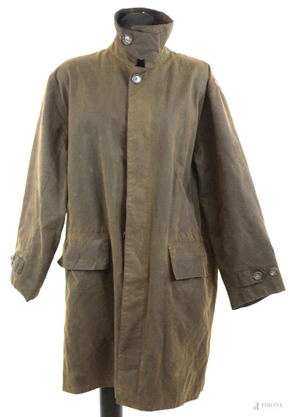 Barbour, giacca da uomo verde scuro, colletto in corduroy,  interno a tre tasche foderato in tartan, taglia Large, (difetti e segni di utilizzo).