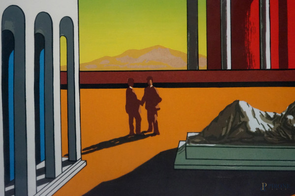 Piazza d'Italia, litografia a colori, firmato in basso a destra G. de Chirico, esemplare 200/300,...