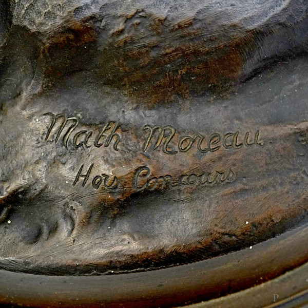 Maternità, scultura in bronzo patinato, firmata alla base Math Moreau/ Hors Concours, altezza cm ...