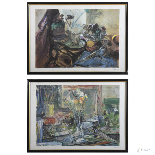 Alfonso Avanessian, Coppia di nature morte, litografie su carta, misure massime cm 69x48,5, firmati in basso a destra, numerati in basso a sinistra, entro cornice, (segni di usura, tracce di umidità, difetti)
