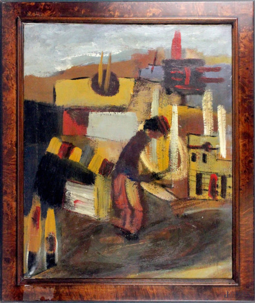 Edgardo Corbelli - Paesaggio con figura, olio su tela, cm 60x50, entro cornice