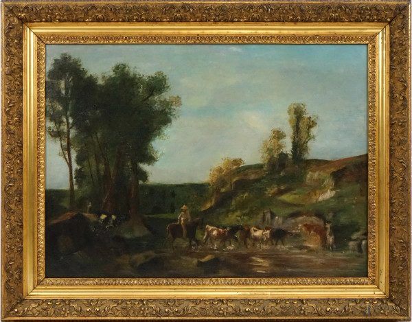 Paesaggio con pastore ed armenti, olio su tela, cm 67x92,5,  XX secolo, entro cornice.