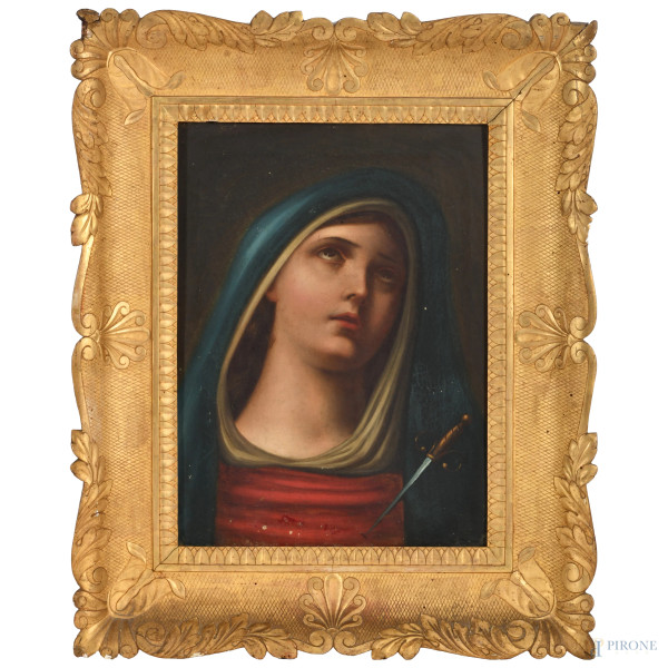 Mater Dolorosa, olio su tela, XIX secolo, cm 40x31 entro cornice, (ondulazioni della tela, piccole cadute di colore, lieve craquelure)