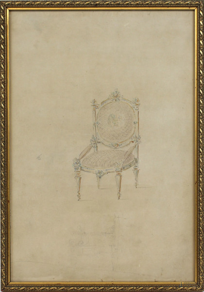 Studio di poltrona, tecnica mista su carta, cm 41x27, fine XIX secolo, entro cornice.