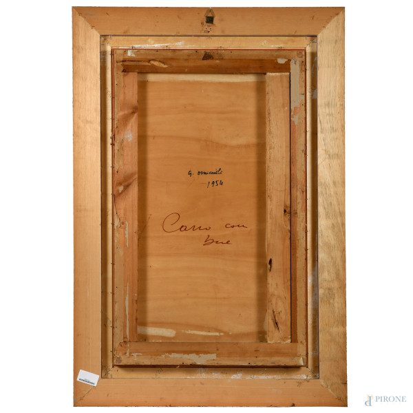 Giovanni Omiccioli (1901 - 1975), Carro con bue, tecnica mista compensato, firmato in basso a sin...