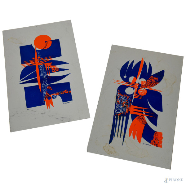 Coppia di serigrafie su alluminio, XX secolo, cm 25x40, firmato O. Brusati in basso