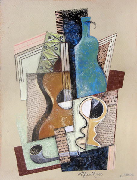 Alfiero Russo (XX°sec.), Composizione cubo-futurista con chitarra, tecnica mista su cartone, cm 24x31, firmato, entro cornice