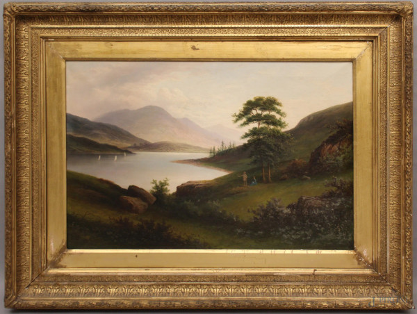 Paesaggio montano con lago e figure, olio su tela, cm 50x76, XIX sec., entro cornice.