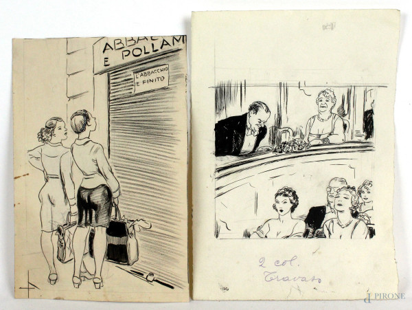 Luigi  Bompard - Due disegni raffiguranti scene diverse, matita e china su carta, misure max cm 24,5x17,5