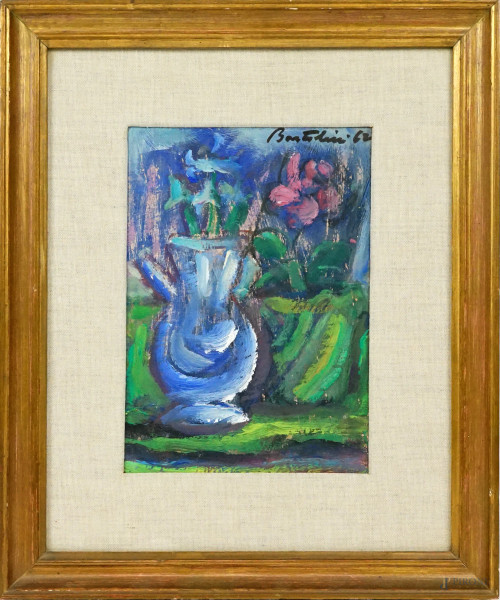 Luigi Bartolini - Roselline e giacinti, olio su tavola, cm 25x15, entro cornice.