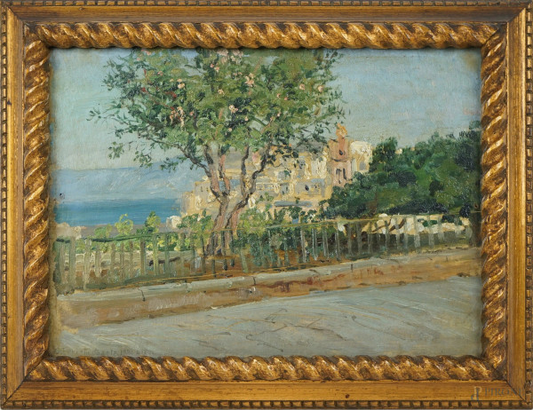 O. Ferretti (XX sec.), Paesaggio costiero, olio su cartone, cm 22x30, entro cornice