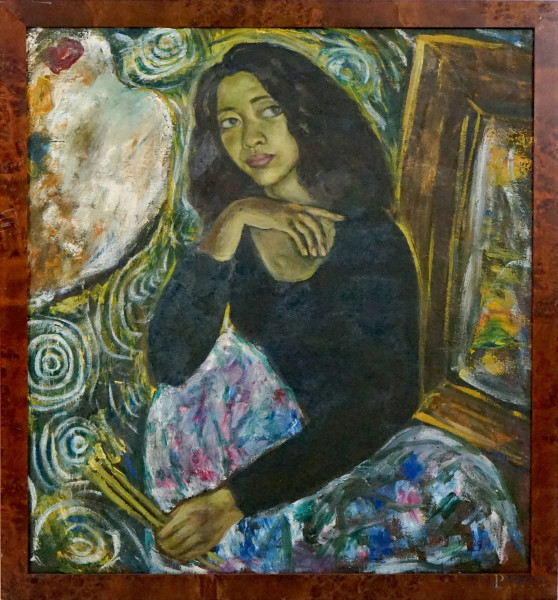 Ritratto di ragazza, olio su tela applicata su tavola, cm 85x75, firmato e datato Xiang Yung '94, entro cornice.