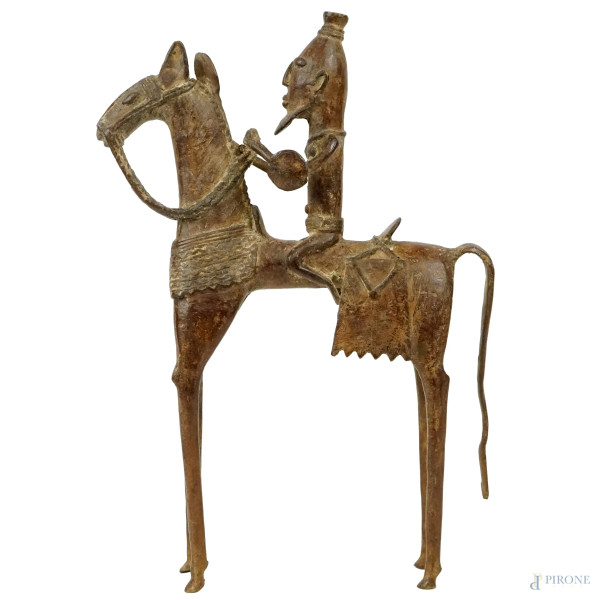 Cavaliere,  scultura in bronzo, cm 36x27, popolo Dogon, Mali, seconda metà XX secolo.