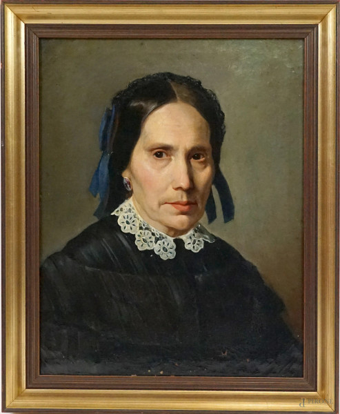 Pittore del XIX secolo, Ritratto di donna con cuffia, olio su tela, cm 52,5x42, entro cornice, (cadute di colore e difetti sulla tela).