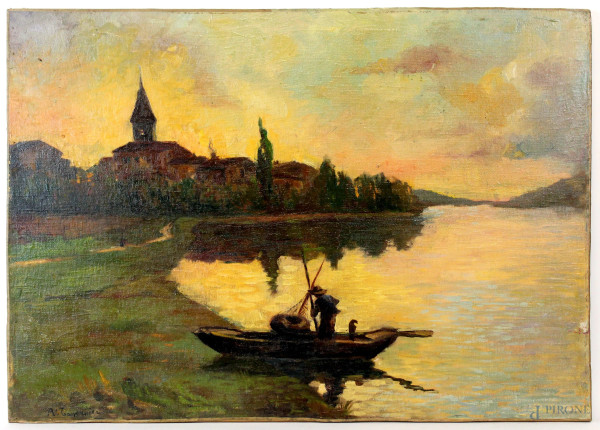 Paesaggio fluviale al tramonto, olio su tela applicata su tavola, cm 50x70, firmato, (piccole cadute di colore).