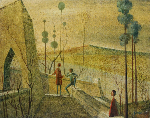 Paesaggio con figure, olio su tela, cm 50 x 40.
