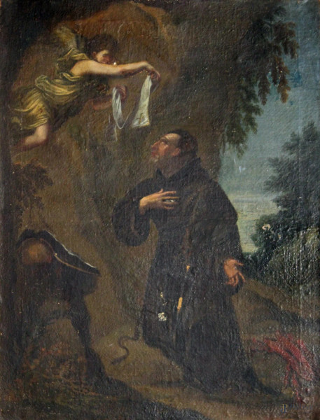 Pittore del XVIII° sec. ,Frate che riceve i sacramenti dall'angelo, olio su tela 88x66 cm.