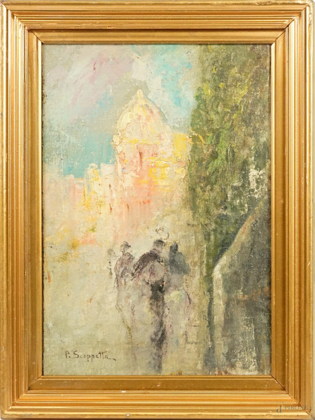 Scorcio di Parigi, olio su tela riportata su compensato, firmato, cm 32,5x22,5, entro cornice