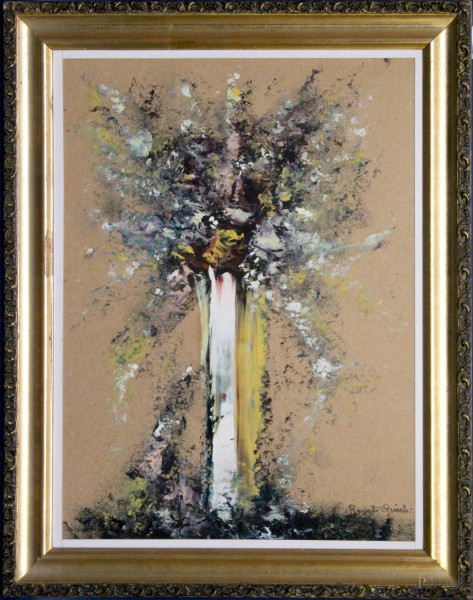 Renato Giusti - Composizione tenue, olio su sughero, cm 28 x 38, entro cornice.