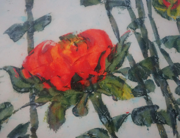Fiori, olio su carta, cm h 49x33, firmato, entro cornice