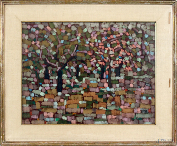 Paesaggio con alberi, olio su tavola, cm 35x46, firmato a tergo Sandro Azzolini, entro cornice.