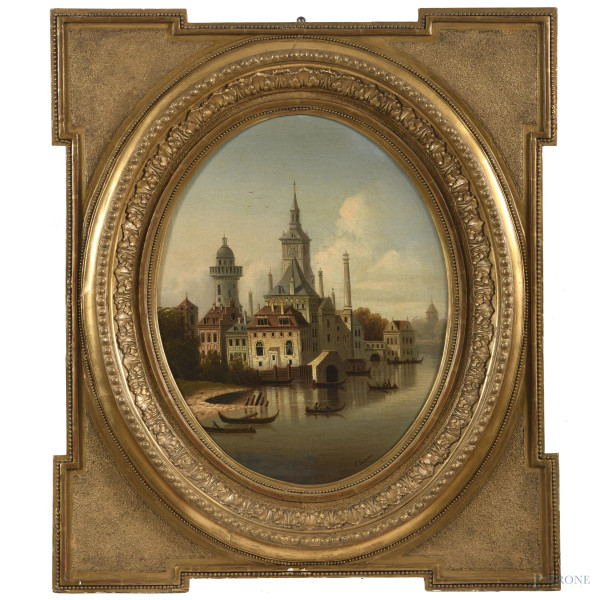 Scorcio di città nordica, XIX secolo, olio su tela, cm 53x43, firmato in basso a destra, entro cornice, (craquelure)