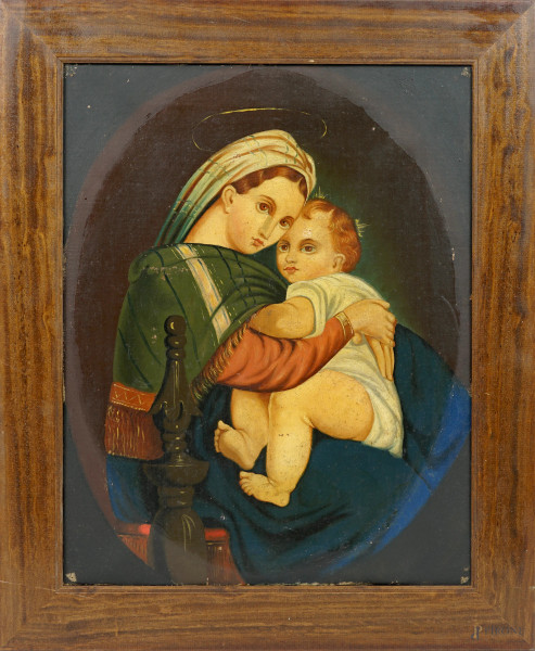 Da Raffaello Sanzio, Madonna della seggiola, olio su tela, XX secolo, cm 47x37, entro cornice