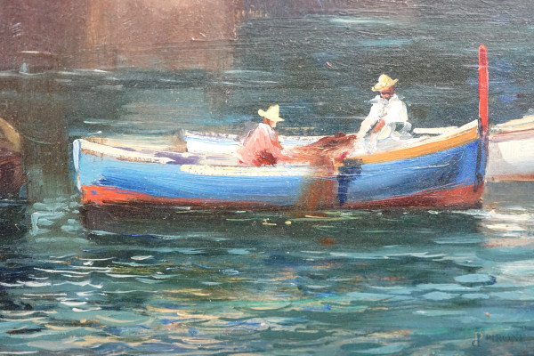 Marina con imbarcazioni, XIX secolo, olio su cartone, cm 18x40, firmato, entro cornice, (difetti)