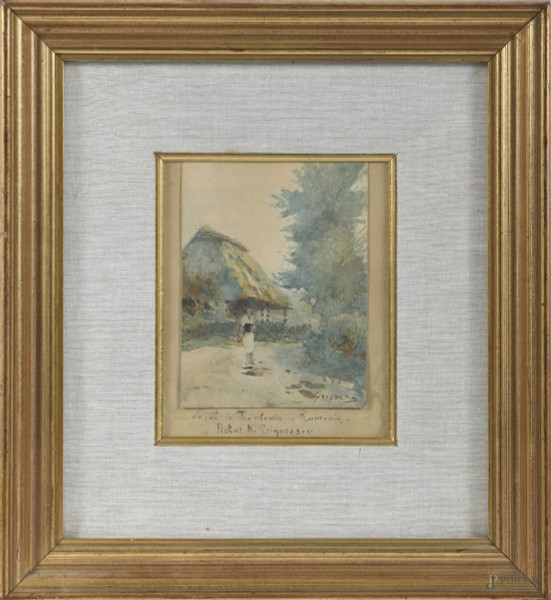 Donna sul sentiero, XX secolo, acquerello su carta, cm 14,5x11, firmato in basso a destra e iscritto, entro cornice, (ossidazioni e ondulazioni della carta)