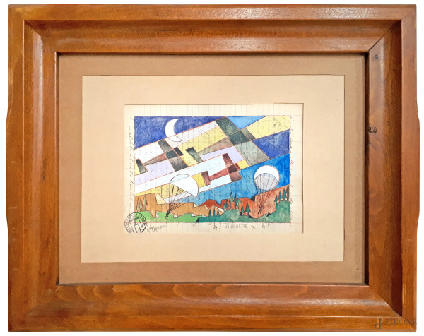 Vittorio Caproni Futuraerei, aeropittura a tecnica mista su carta, cm 15x21, titolo firma e timbro dell’Artista, con cornice