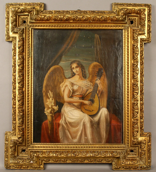 Arcangelo con mandolino, olio su tela, cm 55x42, primi &#39;900, entro cornice.