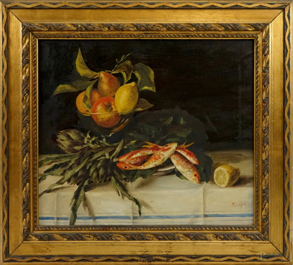 Natura morta, frutta e carciofi, olio su tela, cm 55x65, firmato, entro cornice